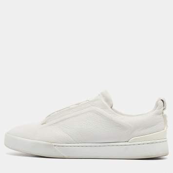 Pre Owned Ermenegildo Zegna Couture White Leather Triple Stitch Slip On Sneakers Size 44