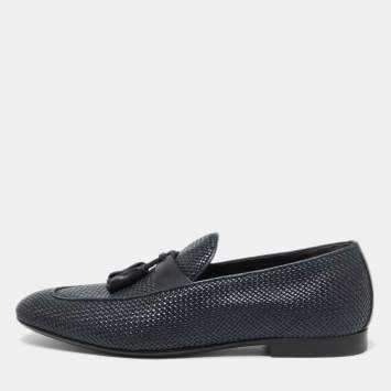 Pre Owned Ermenegildo Zegna Dark Blue Woven Leather Lido Tassel Loafers Size 40