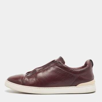 Pre Owned Ermenegildo Zegna Burgundy Leather triple stitch Slip On Sneakers Size 42.5