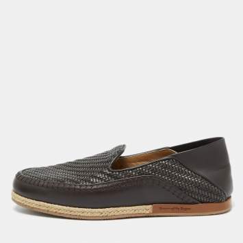 Pre Owned Ermenegildo Zegna Dark Brown Leather Pelle Tessuta Espadrilles Loafers Size 39