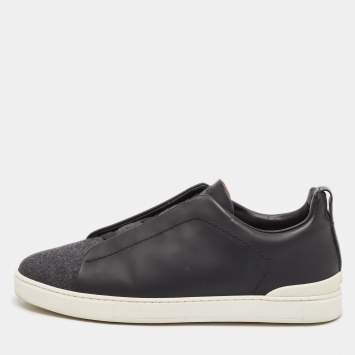 Pre Owned Ermenegildo Zegna Black Leather and Wool Triple Stitch Slip On Sneakers Size 43