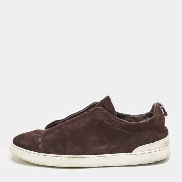 Pre Owned Ermenegildo Zegna Dark Brown Suede Triple Stitch Slip On Sneakers Size 45