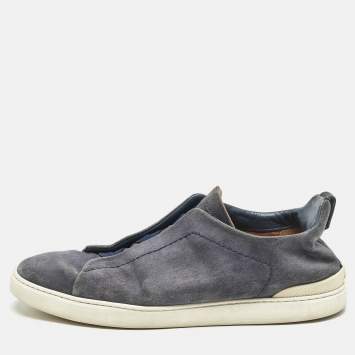 Pre Owned Ermenegildo Zegna Navy Blue Suede Triple Stitch Slip On Sneakers Size 42.5