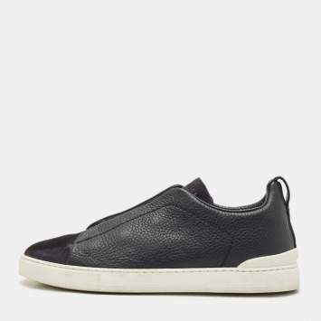 Pre Owned Ermenegildo Zegna Navy Blue Suede and Leather Triple Stitch Sneakers Size 40.5