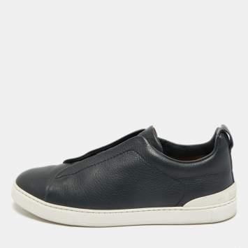 Pre Owned Ermenegildo Zegna Navy Blue Leather Triple Stitch Slip On Sneakers Size 42 