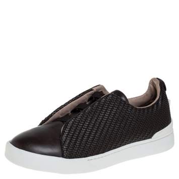 Pre Owned Ermenegildo Zegna Couture Dark Brown Woven Leather Pelletessuta Triple Stitch Slip On Sneakers Size 42.5