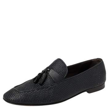 Pre Owned Ermenegildo Zegna Dark Blue Woven Leather Lido Tassel Loafers Size 42