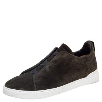 Pre Owned Ermenegildo Zegna Dark Green Suede Triple Stitch Slip On Sneakers Size 42
