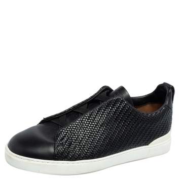 Pre Owned Ermenegildo Zegna Couture Black Woven Leather Pelle Tessuta Slip On Sneakers Size 43
