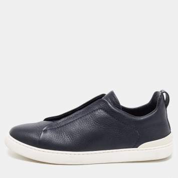 Pre Owned Ermenegildo Zegna Navy Blue Leather Triple Stitch Slip On Sneakers Size 42