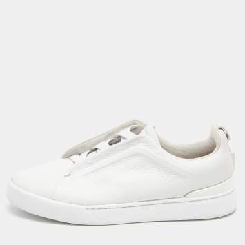 Pre Owned Ermenegildo Zegna White Leather Triple Stitch Low Top Sneakers Size 42