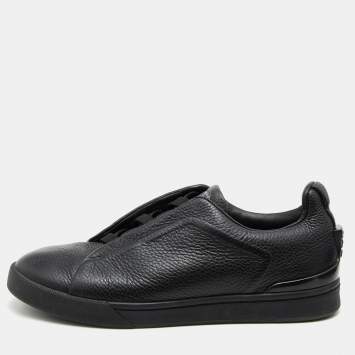 Pre Owned Ermenegildo Zegna Black Leather Triple Stitch Slip On Sneakers Size 43