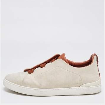 Pre Owned Ermenegildo Zegna Beige/Brown Canvas and Leather Triple Stitch Sneakers Size 44