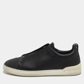 Pre Owned Ermenegildo Zegna Black Leather and Felt Triple Stitch Sneakers Size 43.5 