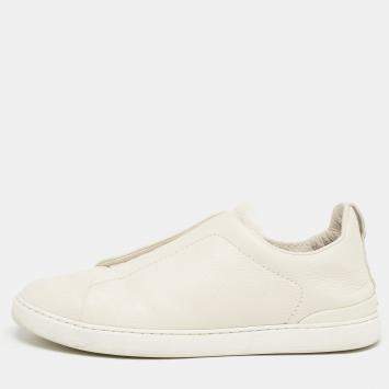 Pre Owned Ermenegildo Zegna Cream Leather Triple Stitch Low Top Sneakers  Size 44