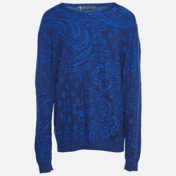 Pre Owned Etro Blue Paisley Knit Crew Neck Sweater XXL