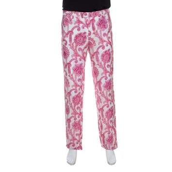 Pre Owned Etro White and Pink Paisley and Floral Printed Linen Mexico Trousers L
