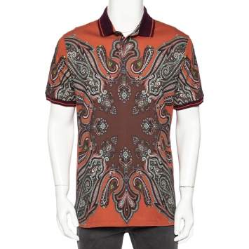 Pre Owned Etro Burnt Orange Paisley Print Cotton Contrast Trim Detail T-Shirt XL