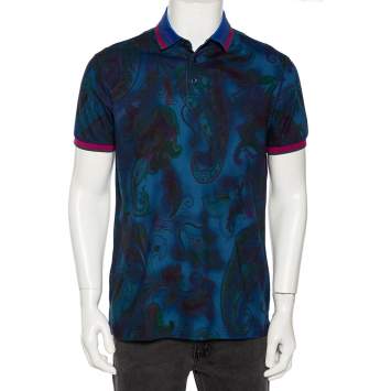 Pre Owned Etro Blue Paisley Print Cotton Pique Contrast Collar & Cuff Polo T Shirt L