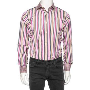 Pre Owned Etro Multicolored Striped Cotton Contrast Collar & Cuff Detail Slim Fit Shirt M