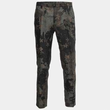 Pre Owned Etro Dark Green Printed Linen Trousers L