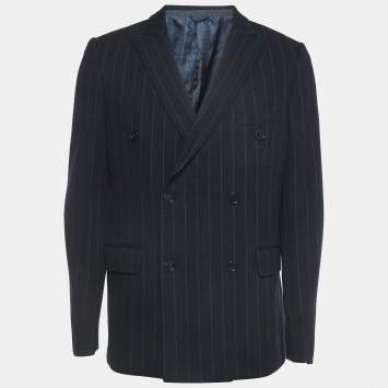 Pre Owned Etro Navy Blue Striped Patterned Wool Blend Double Breasted Blazer XL