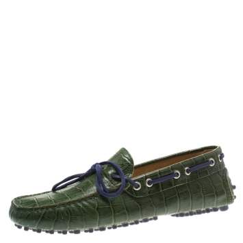 Pre Owned Etro Green Croc Embossed Leather Bow Loafers Size 41