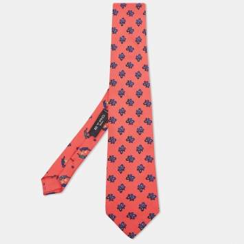 Pre Owned Etro Red Paisley & Bird Print Silk Tie  