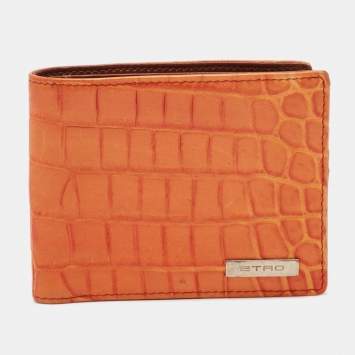 Pre Owned Etro Orange Croc Embossed Leather Bifold Wallet