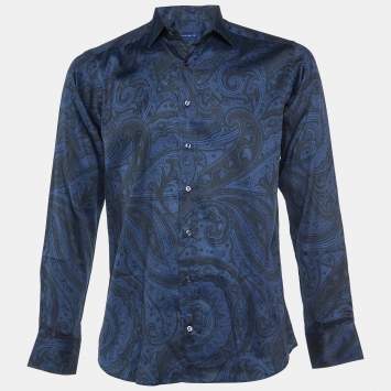 Pre Owned Etro Blue/Black Paisley Print Cotton Long Sleeve Shirt M