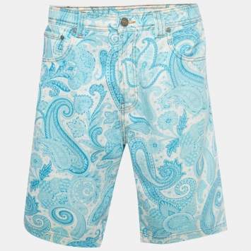 Pre Owned Etro Blue Paisley Print Demin Bermuda Shorts S Waist 33"