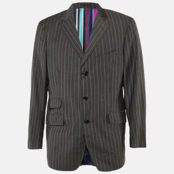 Pre Owned Etro Grey Striped Wool Button Front Blazer XXL