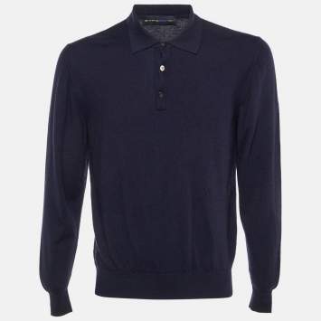 Pre Owned Etro Navy Blue Cashmere Long Sleeve Polo Sweater 2XL