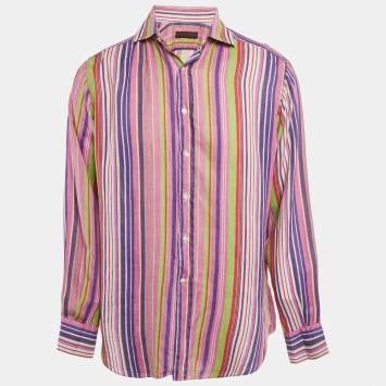 مملوكة مسبقًا Etro Multicolor Striped Linen Full Sleeve Shirt L