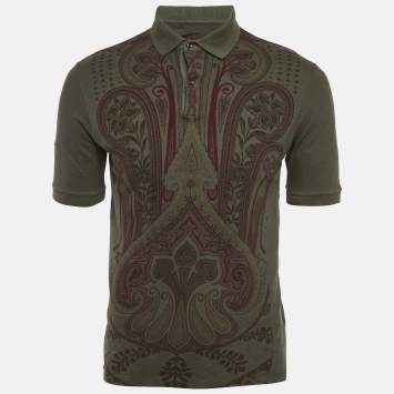 Pre Owned Etro Olive Green Paisley Print Pique Polo T-Shirt M
