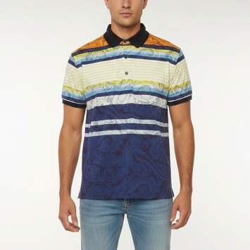 Pre Owned Etro Multicolor Striped Paisley Print Piqué Knit Polo T-Shirt M