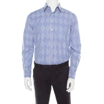 Pre Owned Etro Blue and White Striped Argyle Pattern Cotton Jacquard Long Sleeve Shirt M