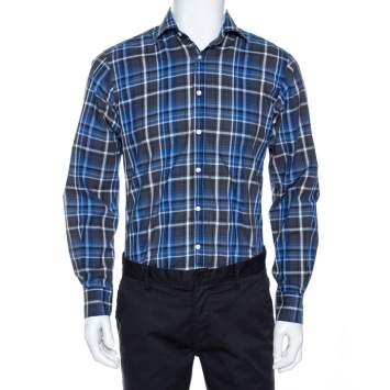 Pre Owned Etro Blue Checked Cotton Button Front Long Sleeve Shirt M