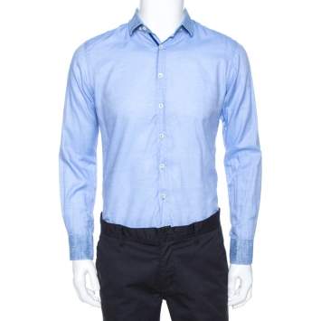 Pre Owned Etro Blue Cotton Linen Trim Detail Button Down Shirt M