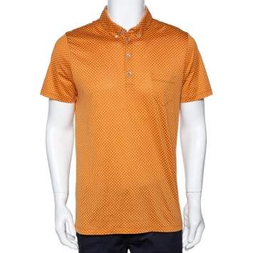 Pre Owned Etro Amber Orange Geometric Printed Cotton Polo T-Shirt L