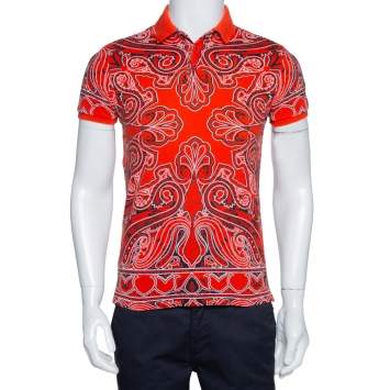 Pre Owned Etro Coral Red Bandana Paisley Print Cotton Pique Polo T Shirt S