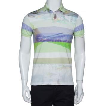Pre Owned Etro Light Green Striped Fish Print Cotton Polo T-Shirt S