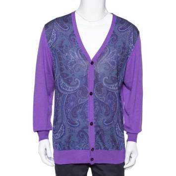 Pre Owned Etro Purple Paisley Printed Wool Button Front Cardigan XL