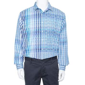 Pre Owned Etro Blue Basket Weave Pattern Cotton Button Front Shirt 4XL