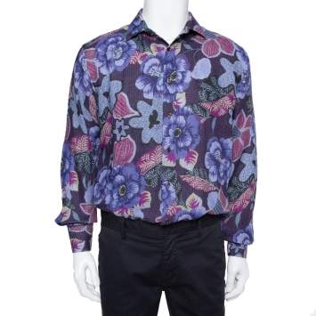 Pre Owned Etro Blue Floral Printed Linen Button Front Shirt XXL 