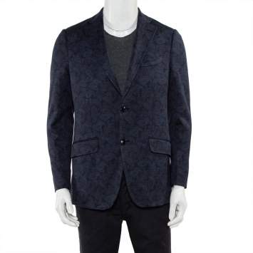Pre Owned Etro Navy Blue Paisley Jacquard Knit Button Front Blazer L