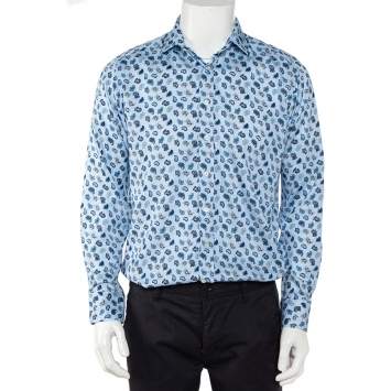 Pre Owned Etro Blue Paisley Printed Cotton Button Front Shirt L