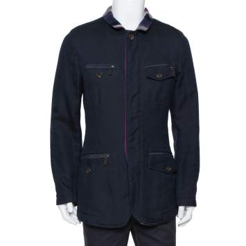 Pre Owned Etro Navy Blue Cotton & Striped Wool Lined Zip Front Jacket M