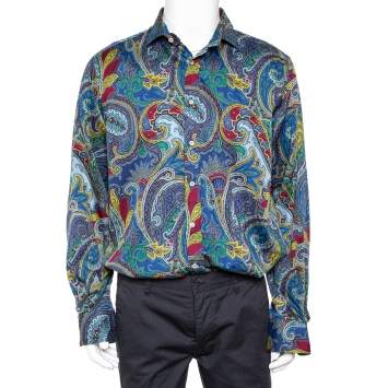 Pre Owned Etro Blue Paisley Printed Cotton Button Front Shirt XXL