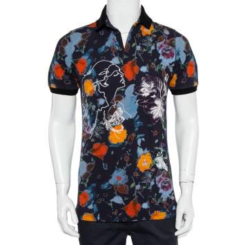 Pre Owned Etro Navy Blue Abstract Print Cotton Pique Polo T-Shirt M